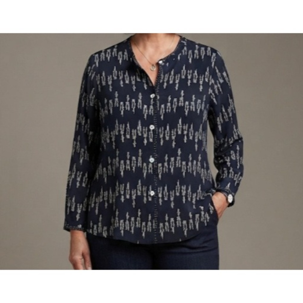 David Dart Sport Womens Navy Rayon Novelty Print Button Front Blouse Large USA